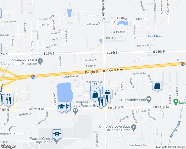 map of restaurants, bars, coffee shops, grocery stores, and more near 2267 Woodsmall Lane in Indianapolis