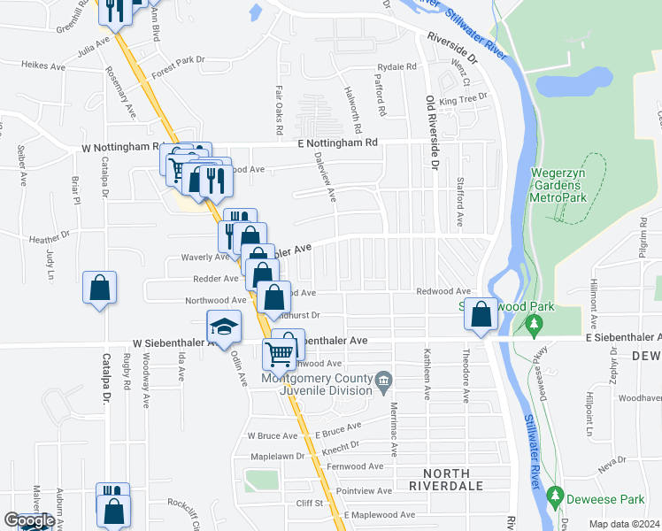 map of restaurants, bars, coffee shops, grocery stores, and more near 633 Daleview Avenue in Dayton