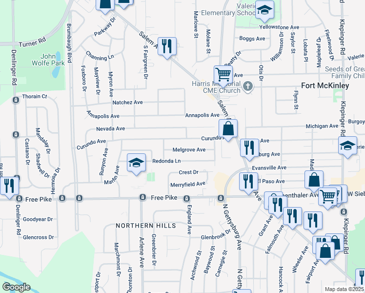 map of restaurants, bars, coffee shops, grocery stores, and more near 4224 Melgrove Avenue in Dayton
