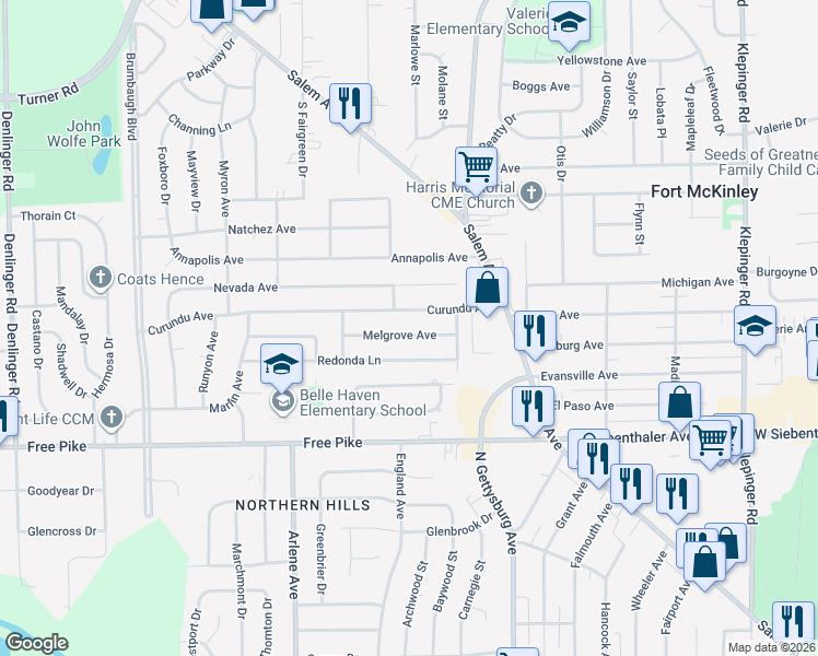 map of restaurants, bars, coffee shops, grocery stores, and more near 4126 Melgrove Avenue in Dayton