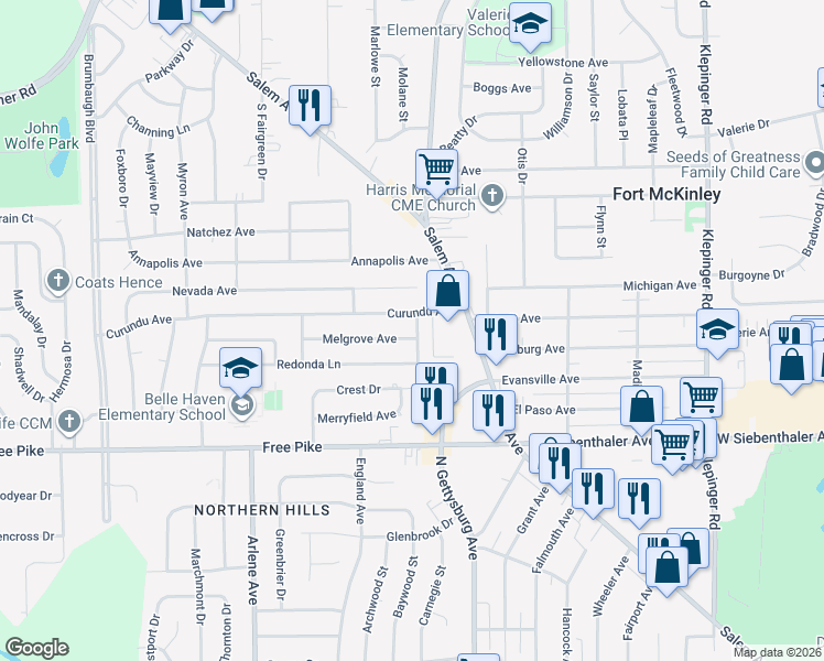 map of restaurants, bars, coffee shops, grocery stores, and more near 4052 Melgrove Avenue in Dayton