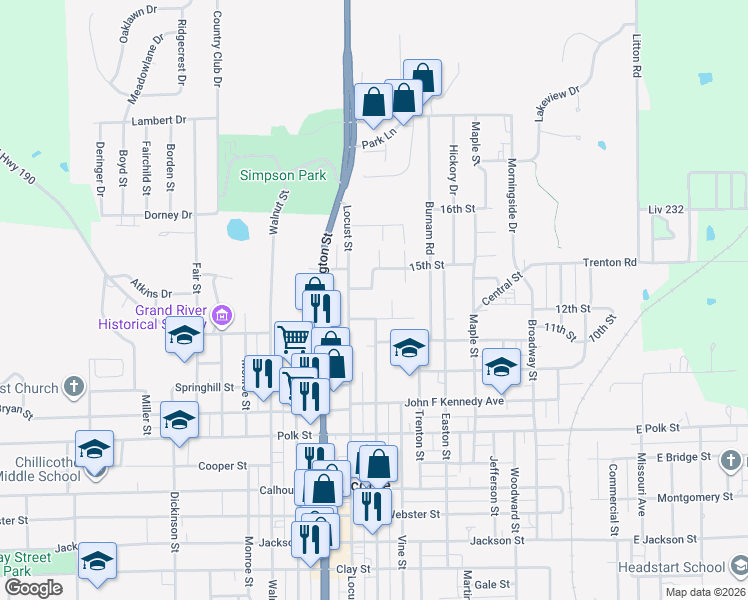 map of restaurants, bars, coffee shops, grocery stores, and more near 601 Elmdale Road in Chillicothe