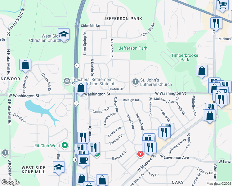 map of restaurants, bars, coffee shops, grocery stores, and more near 2500 West Washington Street in Springfield