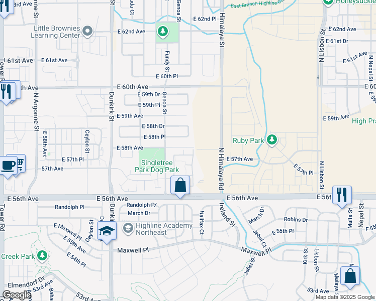map of restaurants, bars, coffee shops, grocery stores, and more near 5763 North Gibralter Way in Denver