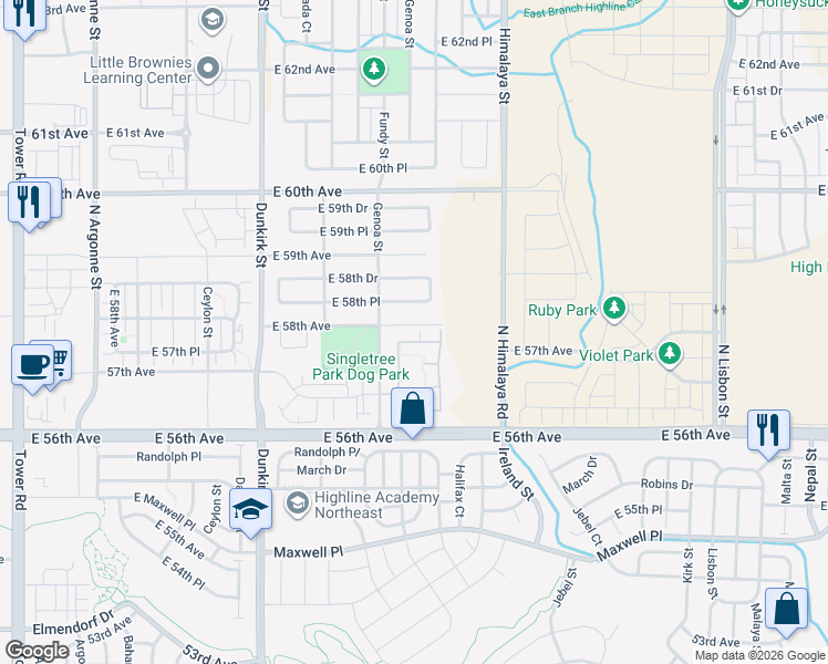 map of restaurants, bars, coffee shops, grocery stores, and more near 5756 North Genoa Way in Aurora