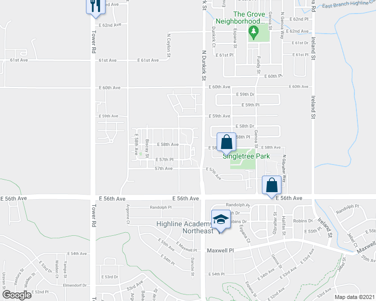 map of restaurants, bars, coffee shops, grocery stores, and more near 5754 Ceylon Street in Denver
