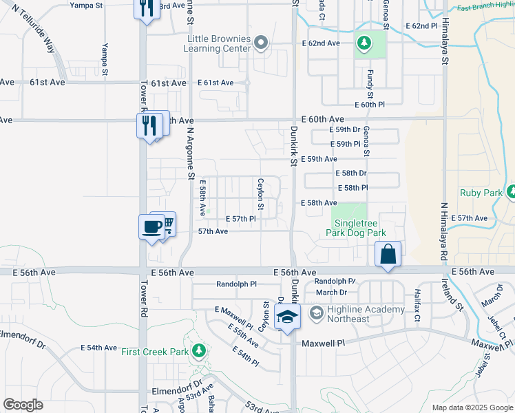 map of restaurants, bars, coffee shops, grocery stores, and more near 5754 Ceylon Street in Denver