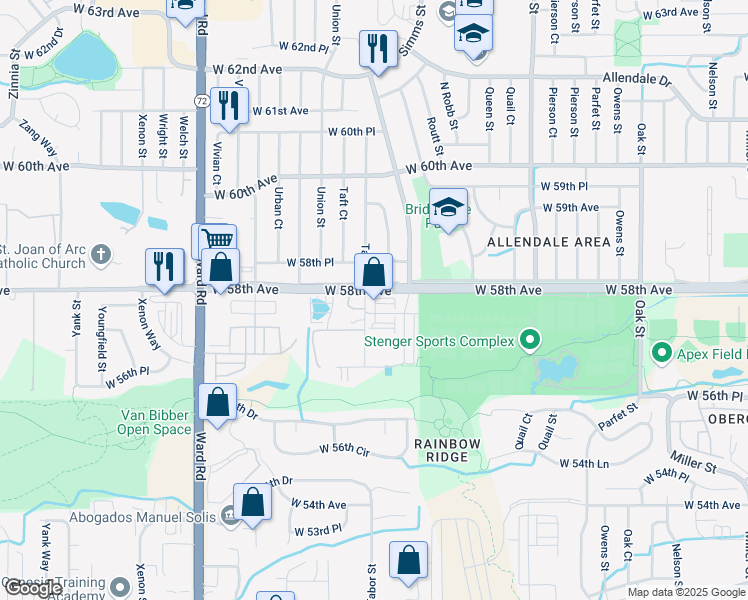 map of restaurants, bars, coffee shops, grocery stores, and more near 11778 West 57th Place in Arvada
