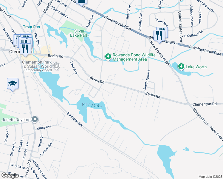 map of restaurants, bars, coffee shops, grocery stores, and more near 56 Rowand Way East in Clementon
