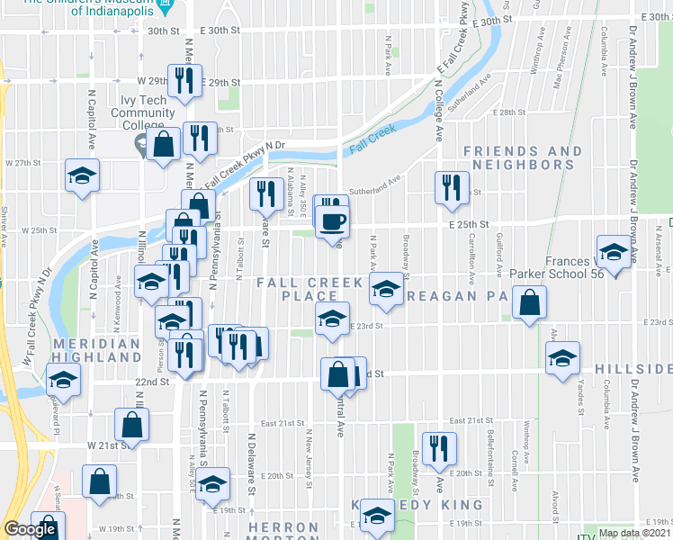 map of restaurants, bars, coffee shops, grocery stores, and more near 2357 Central Avenue in Indianapolis