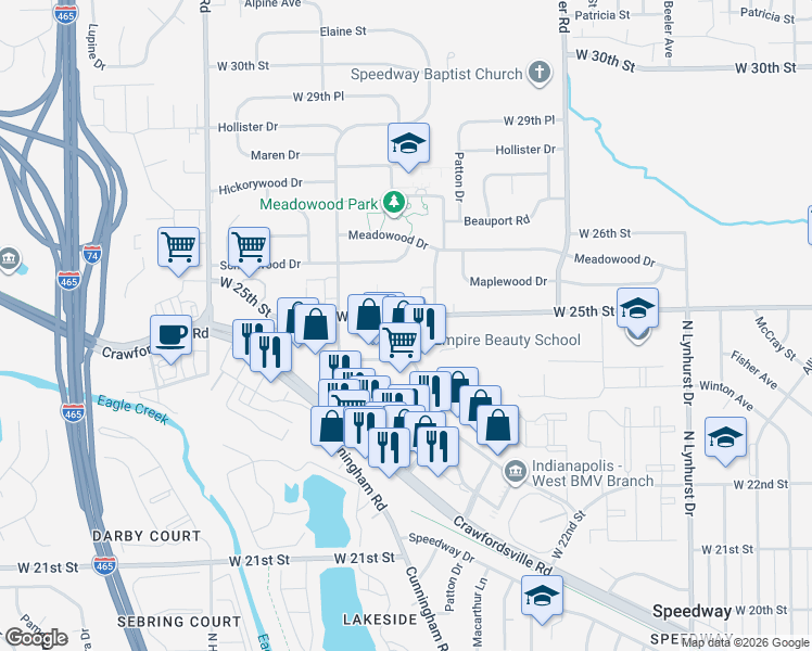 map of restaurants, bars, coffee shops, grocery stores, and more near 5620 Crawfordsville Road in Speedway