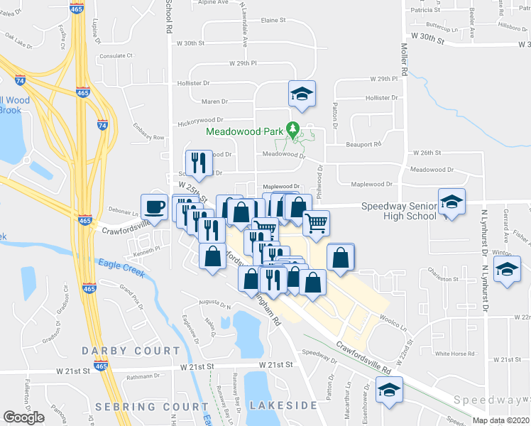 map of restaurants, bars, coffee shops, grocery stores, and more near 5846 Crawfordsville Road in Speedway