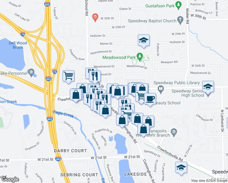 map of restaurants, bars, coffee shops, grocery stores, and more near 6118 Crawfordsville Road in Speedway