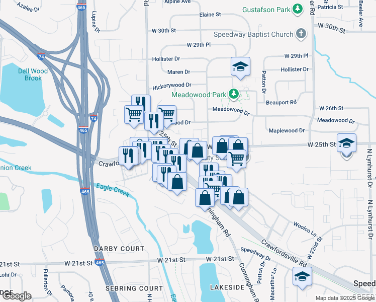 map of restaurants, bars, coffee shops, grocery stores, and more near 6118 Crawfordsville Road in Speedway