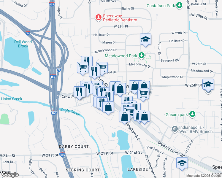 map of restaurants, bars, coffee shops, grocery stores, and more near 6118 Crawfordsville Road in Speedway