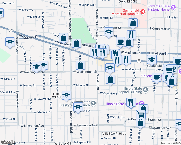 map of restaurants, bars, coffee shops, grocery stores, and more near 115 South Walnut Street in Springfield