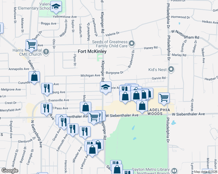 map of restaurants, bars, coffee shops, grocery stores, and more near in Dayton