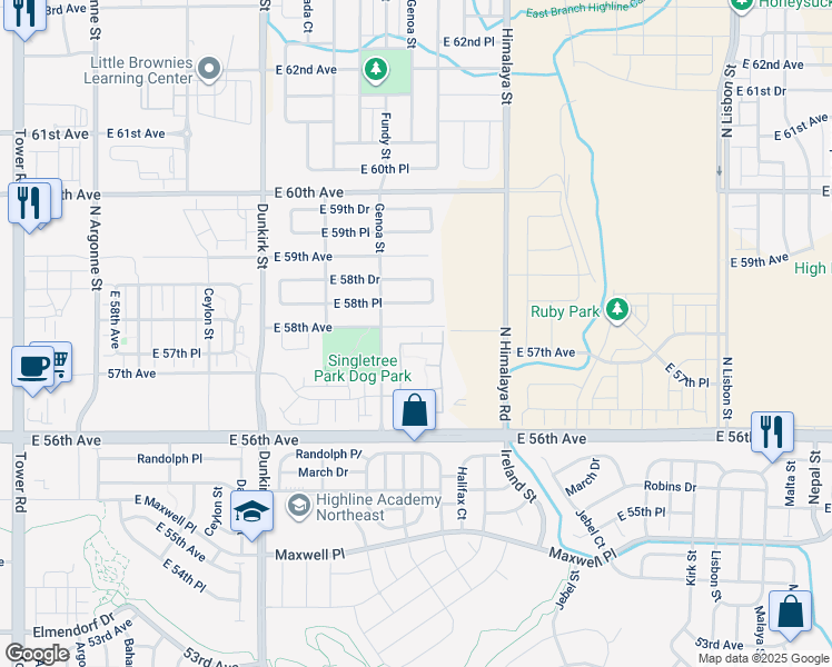map of restaurants, bars, coffee shops, grocery stores, and more near 5756 North Genoa Way in Aurora