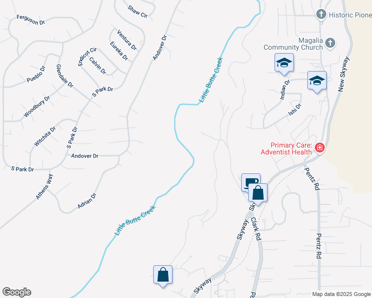 map of restaurants, bars, coffee shops, grocery stores, and more near 13670 Bader Mine Road in Paradise