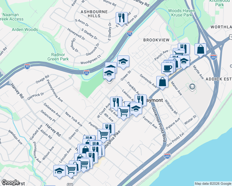 map of restaurants, bars, coffee shops, grocery stores, and more near 3201 East Court Avenue in Claymont