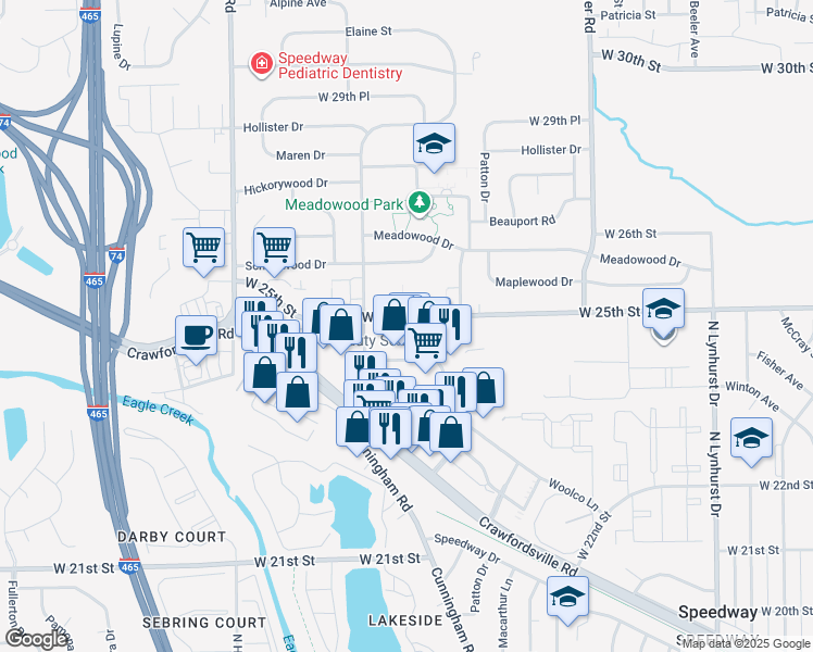 map of restaurants, bars, coffee shops, grocery stores, and more near 5846 Crawfordsville Road in Speedway