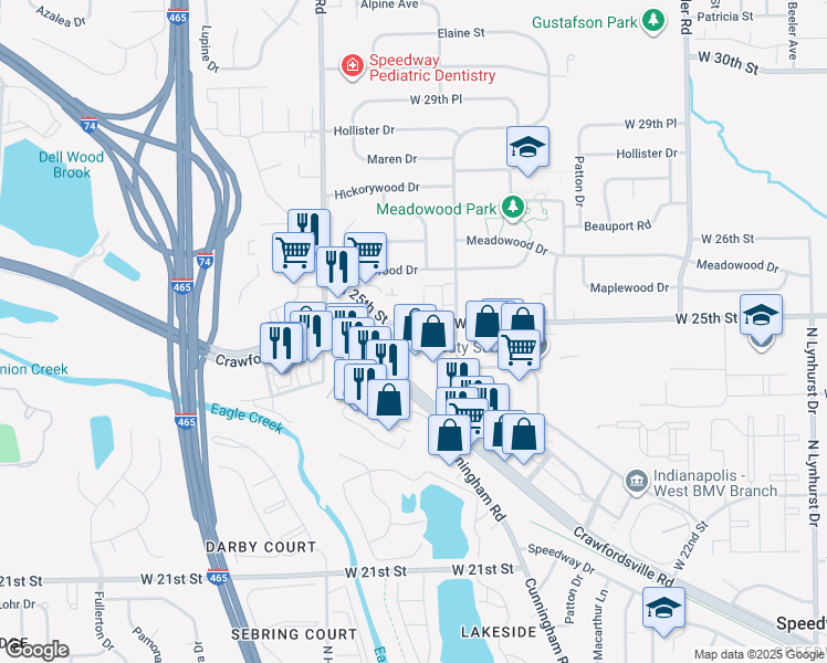 map of restaurants, bars, coffee shops, grocery stores, and more near 6118 Crawfordsville Road in Speedway