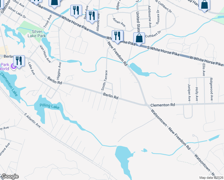 map of restaurants, bars, coffee shops, grocery stores, and more near 565 Berlin Road in Clementon