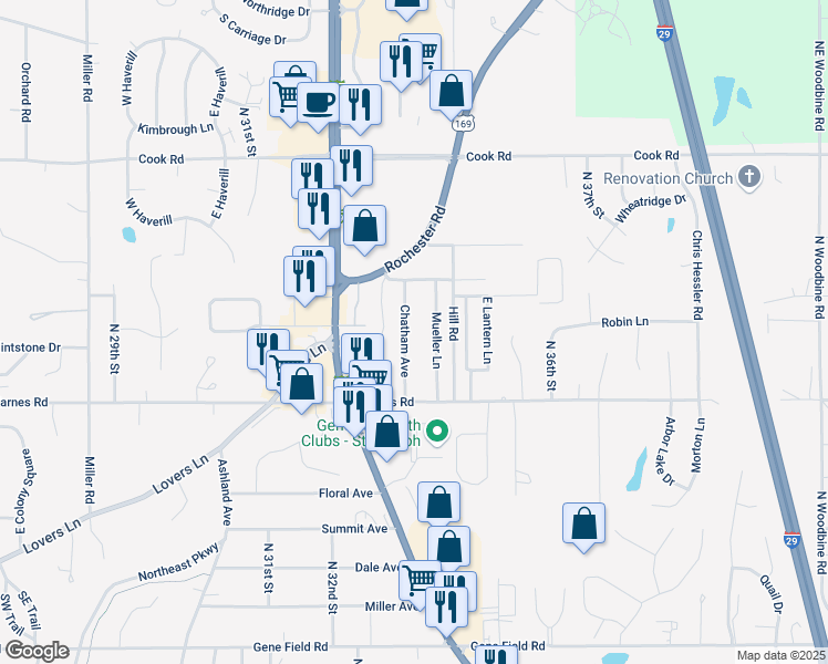 map of restaurants, bars, coffee shops, grocery stores, and more near 3325 Chatham Avenue in Saint Joseph