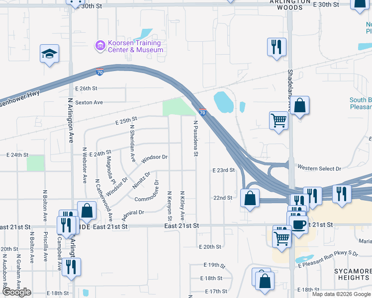 map of restaurants, bars, coffee shops, grocery stores, and more near 2323 North Kitley Avenue in Indianapolis