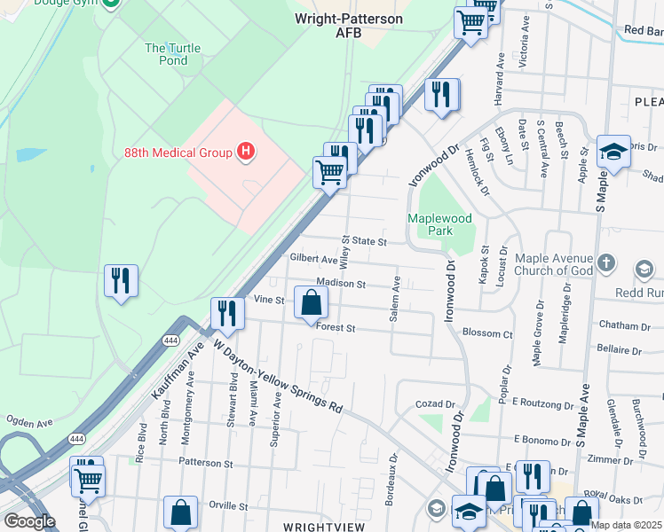 map of restaurants, bars, coffee shops, grocery stores, and more near 312 Gilbert Avenue in Fairborn