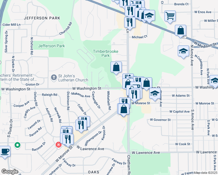 map of restaurants, bars, coffee shops, grocery stores, and more near 298 Whitefield Rd in Springfield