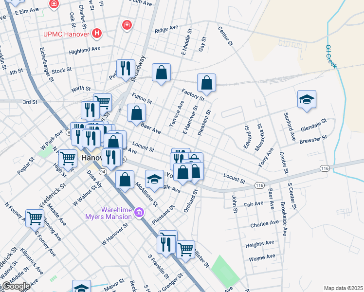 map of restaurants, bars, coffee shops, grocery stores, and more near 303 Baer Avenue in Hanover