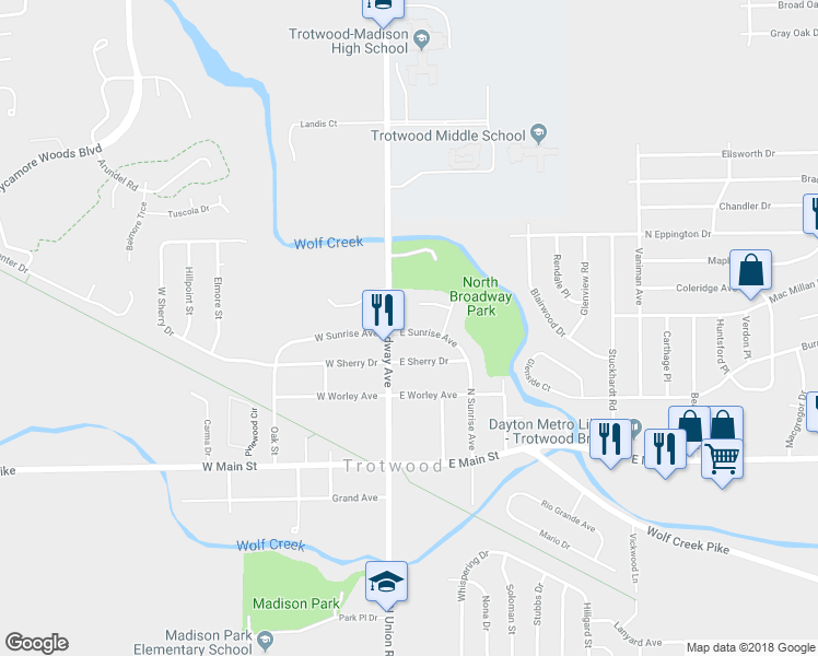 map of restaurants, bars, coffee shops, grocery stores, and more near 211 East Sunrise Avenue in Dayton