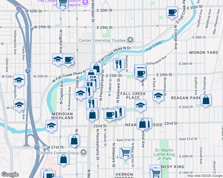 map of restaurants, bars, coffee shops, grocery stores, and more near 2363 North Talbott Street in Indianapolis