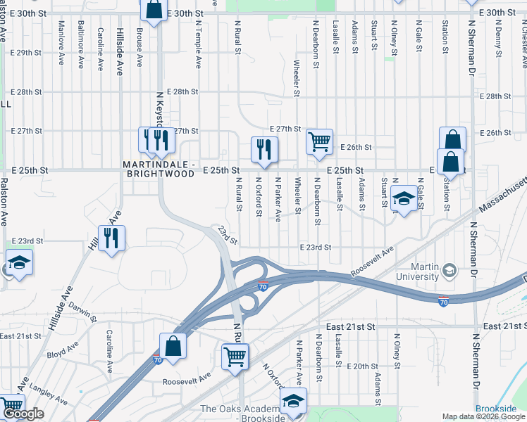 map of restaurants, bars, coffee shops, grocery stores, and more near 2345 North Oxford Street in Indianapolis
