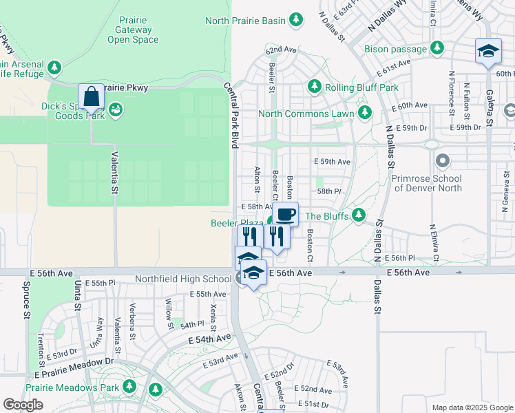 map of restaurants, bars, coffee shops, grocery stores, and more near 9095 East 58th Avenue in Denver