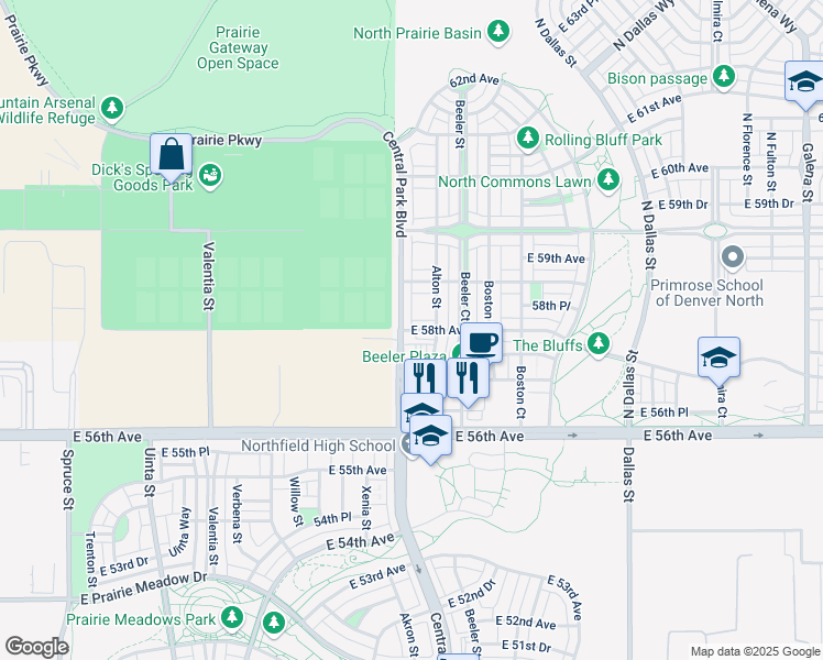 map of restaurants, bars, coffee shops, grocery stores, and more near 8940 East 58th Avenue in Denver