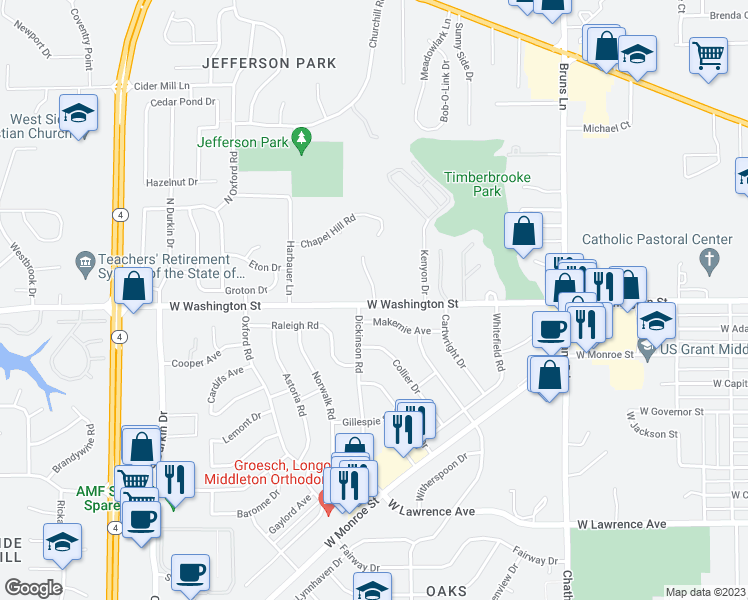 map of restaurants, bars, coffee shops, grocery stores, and more near 2415 West Washington Street in Springfield