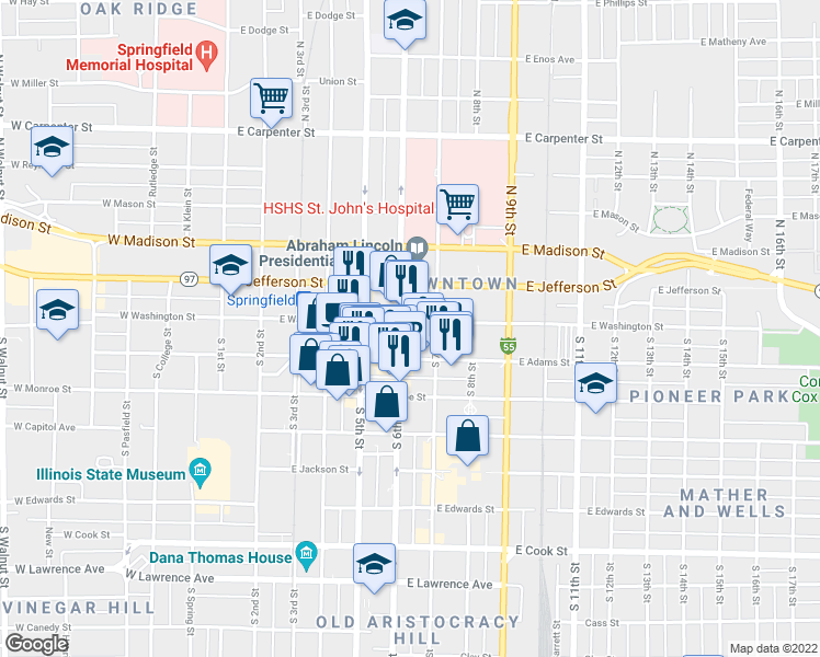 map of restaurants, bars, coffee shops, grocery stores, and more near 1 South 6th Street in Springfield