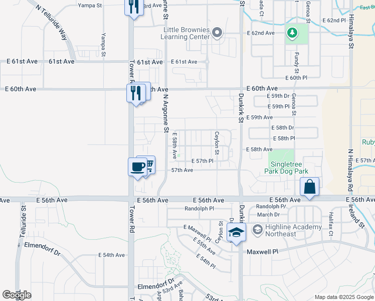 map of restaurants, bars, coffee shops, grocery stores, and more near 5764 Biscay Street in Denver