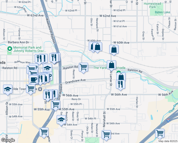 map of restaurants, bars, coffee shops, grocery stores, and more near 6711 Grandview Avenue in Arvada