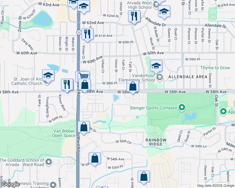 map of restaurants, bars, coffee shops, grocery stores, and more near 5771 Tabor Street in Arvada
