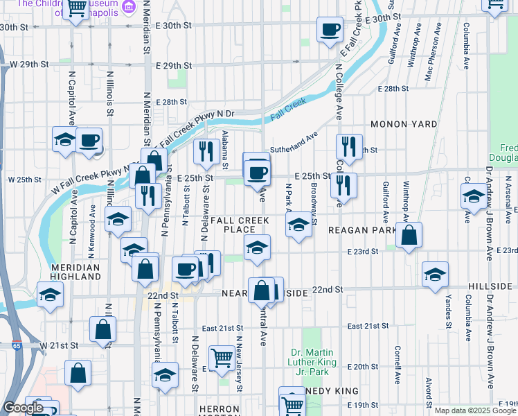map of restaurants, bars, coffee shops, grocery stores, and more near 2357 Central Avenue in Indianapolis