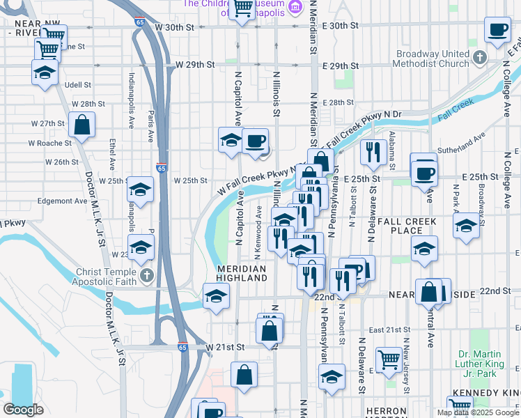 map of restaurants, bars, coffee shops, grocery stores, and more near 2401 North Kenwood Avenue in Indianapolis