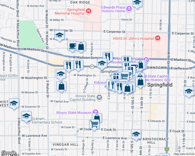 map of restaurants, bars, coffee shops, grocery stores, and more near 100 South 1st Street in Springfield