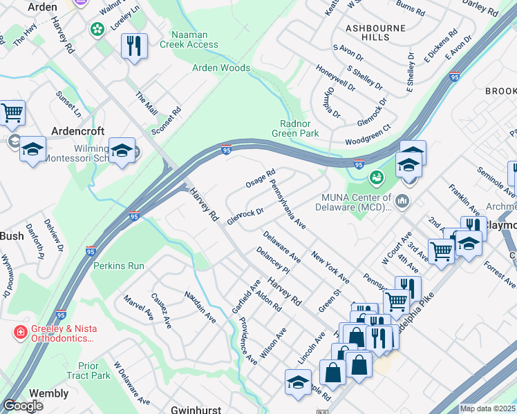 map of restaurants, bars, coffee shops, grocery stores, and more near 5 Glenrock Drive in Claymont