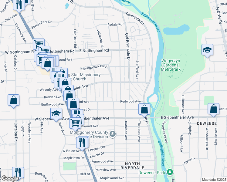 map of restaurants, bars, coffee shops, grocery stores, and more near 3836 Merrimac Avenue in Dayton