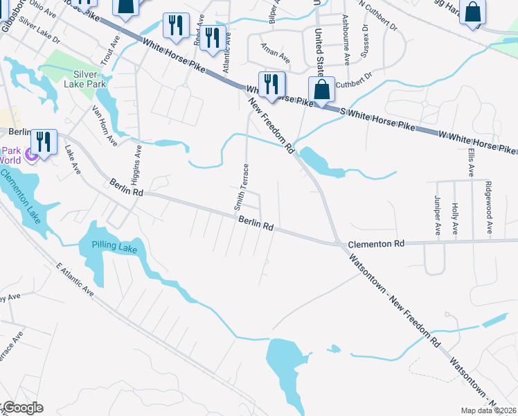 map of restaurants, bars, coffee shops, grocery stores, and more near 565 Berlin Road in Clementon
