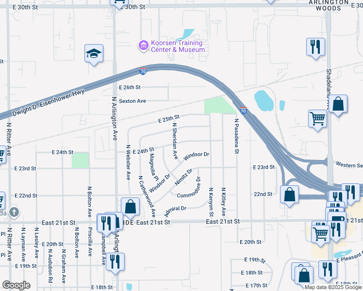 map of restaurants, bars, coffee shops, grocery stores, and more near 6232 Windsor Drive in Indianapolis