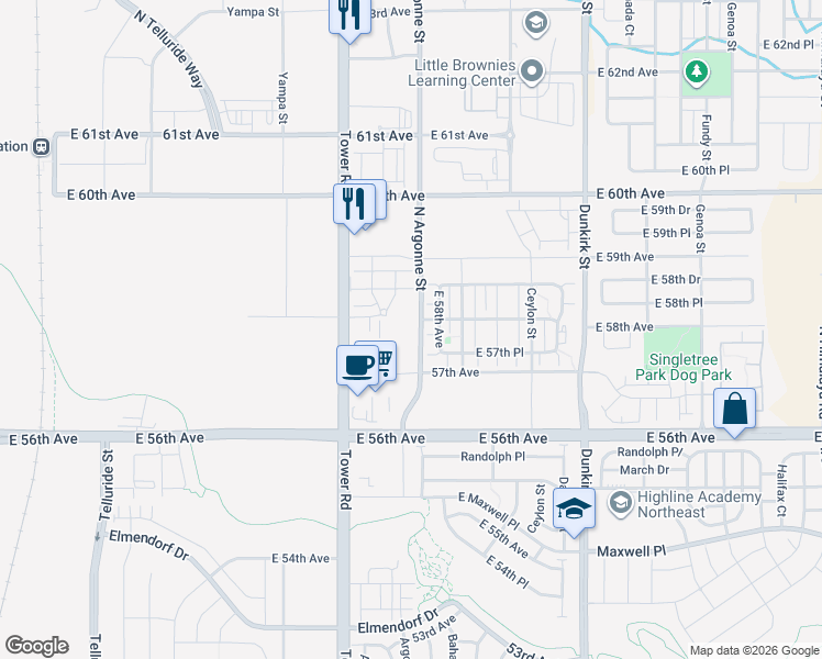 map of restaurants, bars, coffee shops, grocery stores, and more near 18817 Argonne Street in Denver
